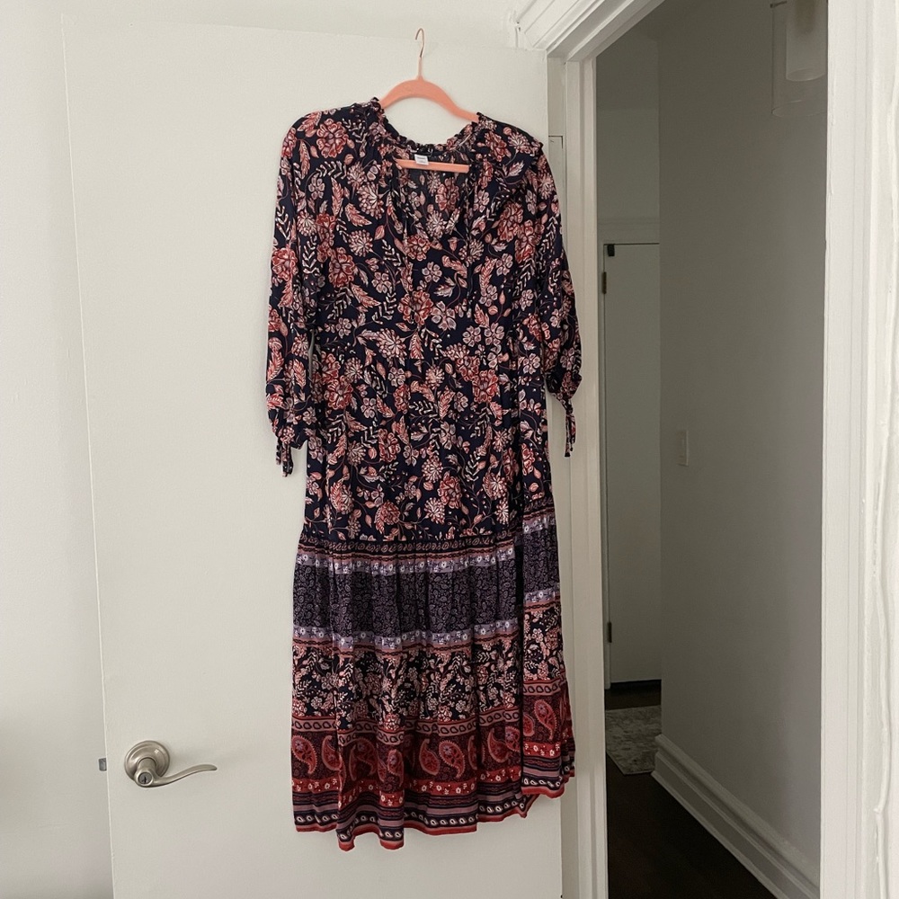Mixed print Tie-neck midi swing dress for women New Without Tag